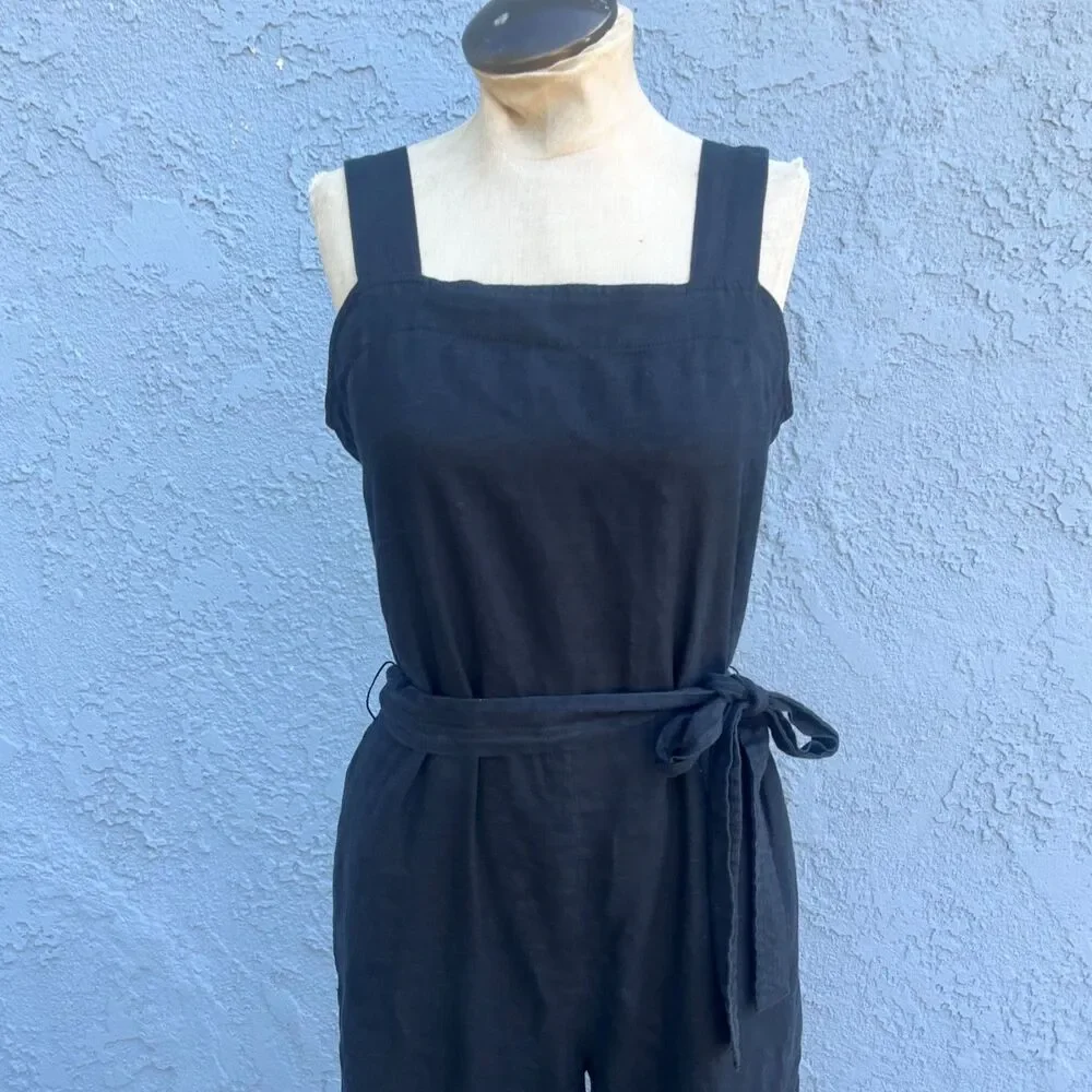 Quince Jumpsuit European Linen Square Neck Jumpsuit Size small Black romper